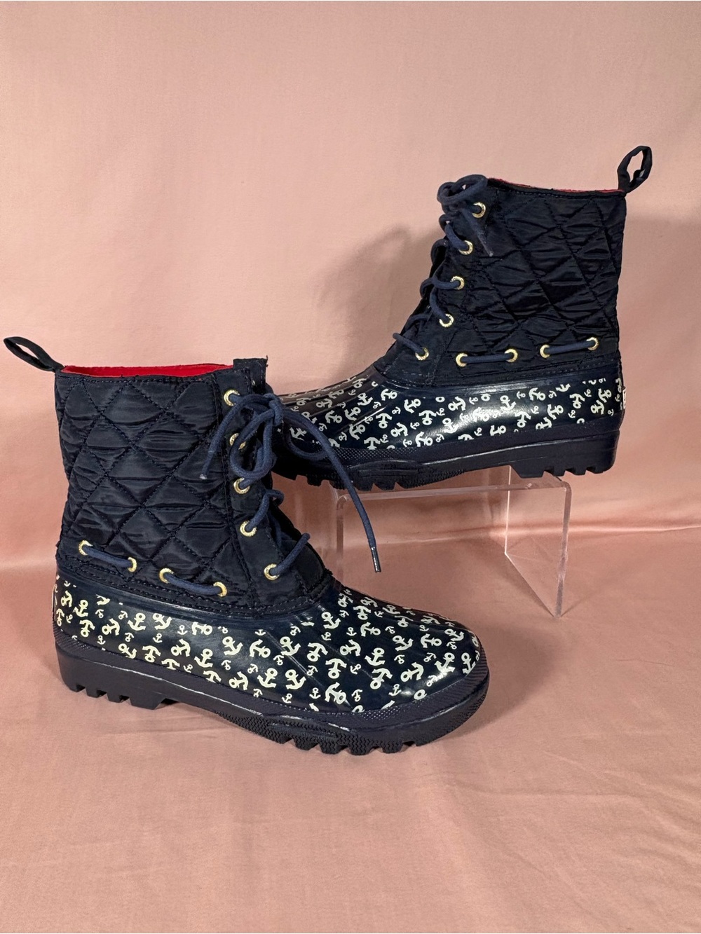 Sperry Women's Saltwater Duck Boot Navy Anchor Print Quilted STS90705 Size 8